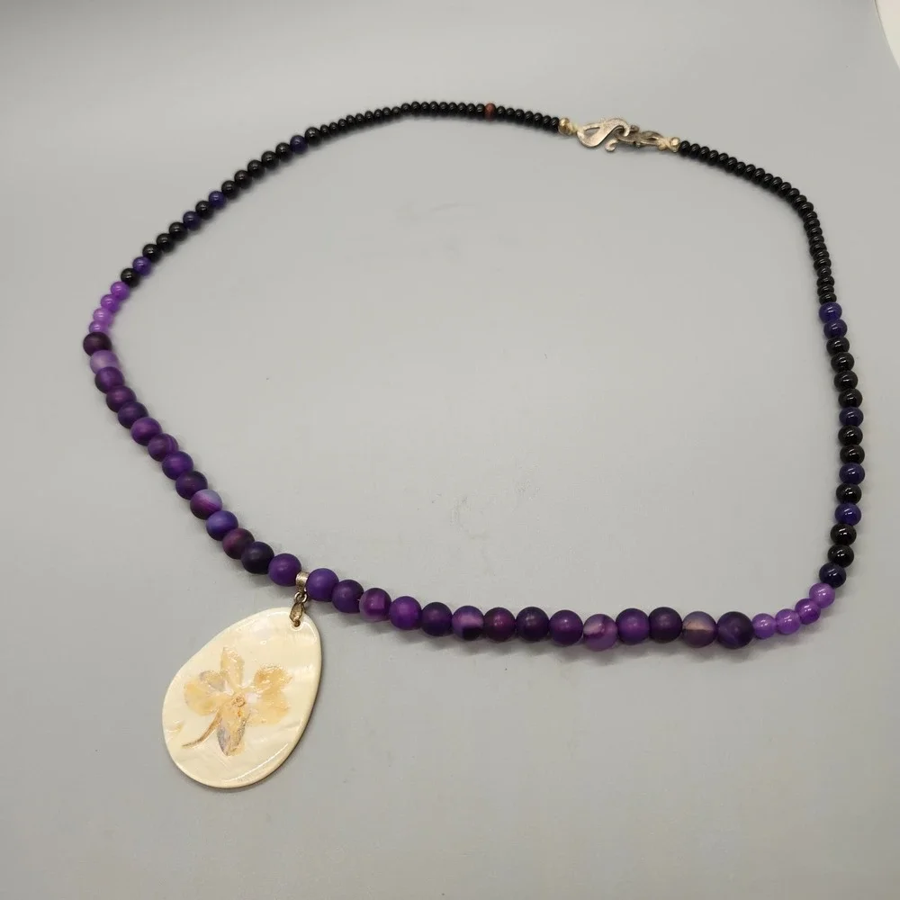 Artisan Made Purple Beaded Necklace Large Teardrop Flower Pendant Silver Tone